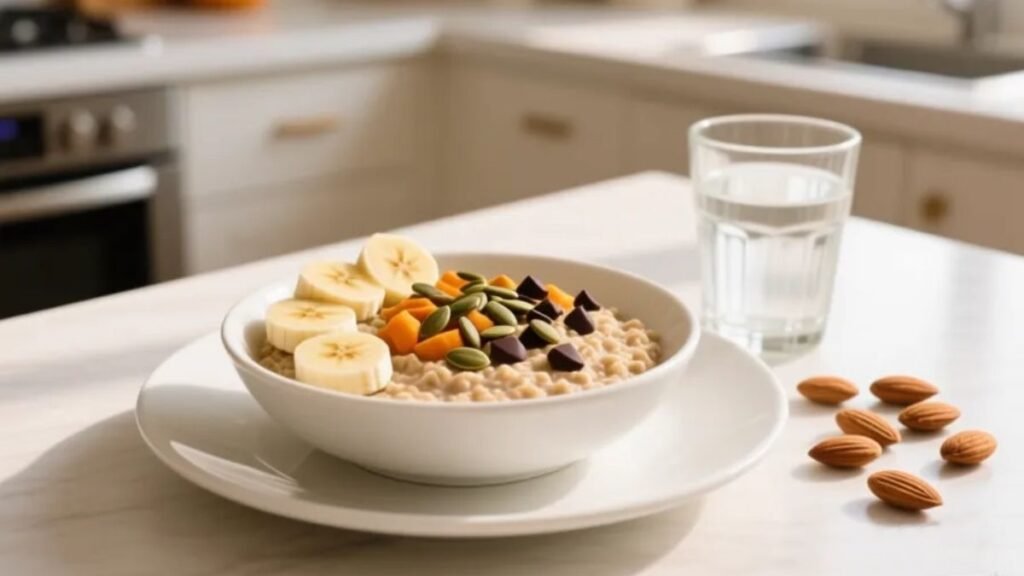 Refeição saudável e colorida rica em magnésio com aveia banana sementes de abóbora e chocolate amargo em ambiente de cozinha iluminado