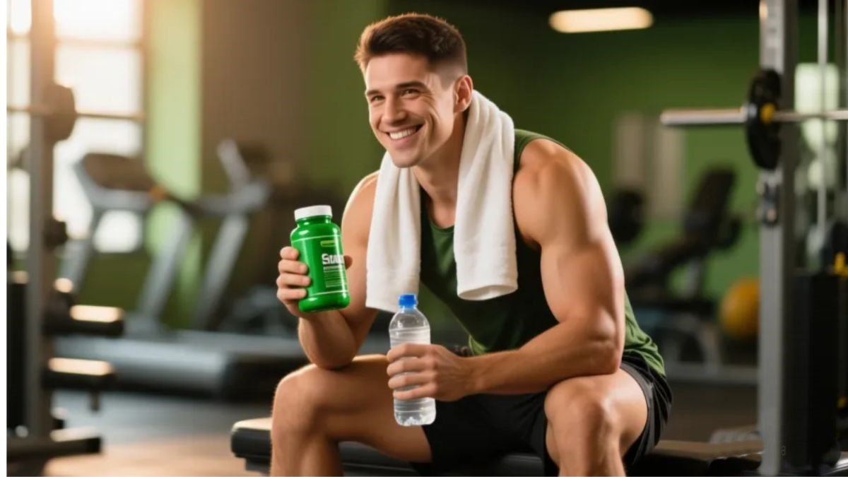 Atleta adulto sentado no banco da academia após treino segurando frasco de magnésio quelato e garrafa de água representando recuperação muscular e suplementação esportiva