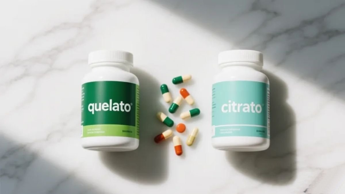 Dois frascos de suplementos de magnésio lado a lado sobre mármore branco representando a comparação entre magnésio quelato e magnésio citrato