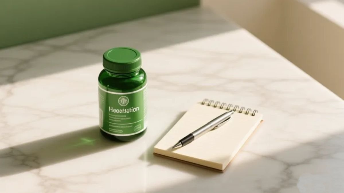 Frasco de magnésio quelato ao lado de bloco de notas e caneta sobre mármore branco representando pesquisa cuidadosa sobre efeitos colaterais e segurança do suplemento