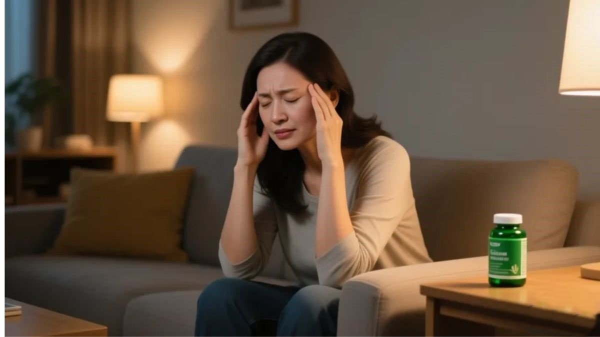 Mulher adulta sentada no sofá com os dedos nas têmporas e olhos fechados com expressão de dor de enxaqueca, com frasco de magnésio quelato ao lado