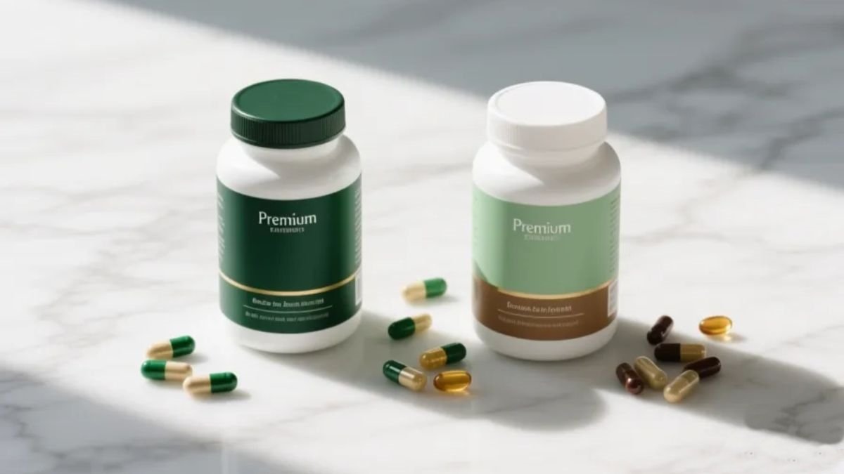 Dois frascos de suplementos de magnésio lado a lado sobre mármore branco representando a comparação entre magnésio quelato e magnésio dimalato