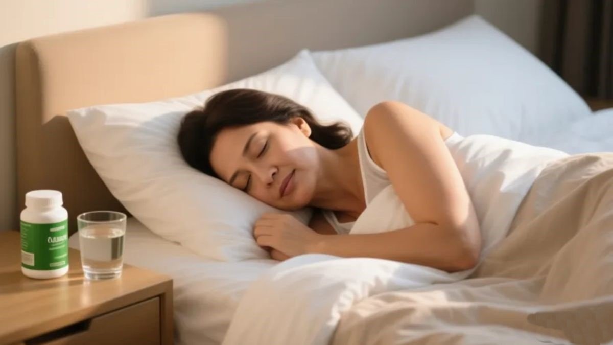 Mulher dormindo profundamente em cama confortável com frasco de magnésio quelato na mesa de cabeceira, representando melhora do sono com suplementação