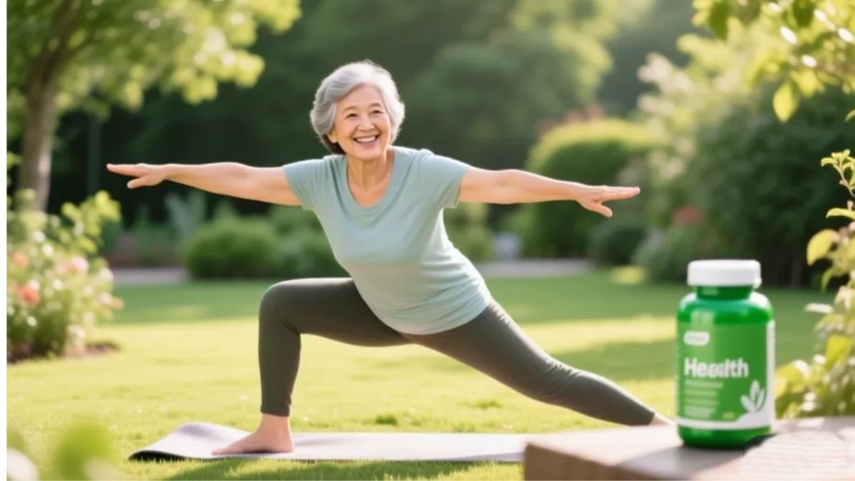 Mulher idosa sorridente fazendo alongamento ao ar livre com frasco de magnésio quelato ao lado representando saúde óssea e envelhecimento ativo com suplementação