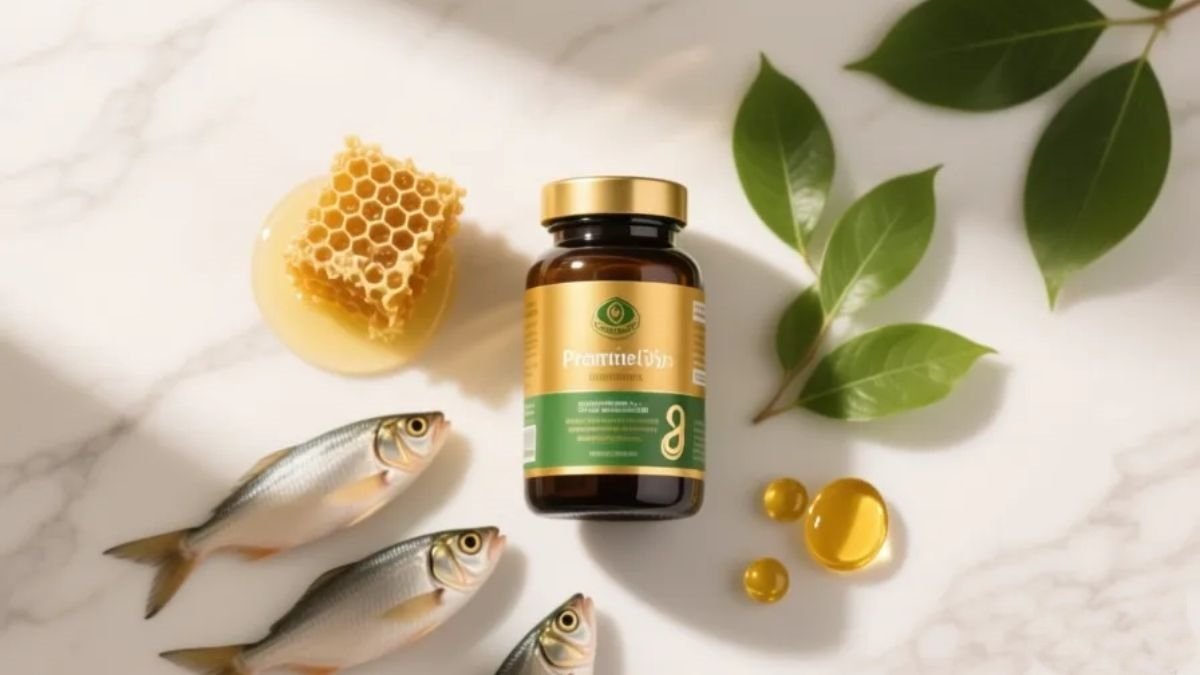 Frasco premium do PROMEGA sobre mármore branco rodeado de favo de mel própolis e elementos naturais representando a combinação de ômega-3 e própolis da Joie Suplementos