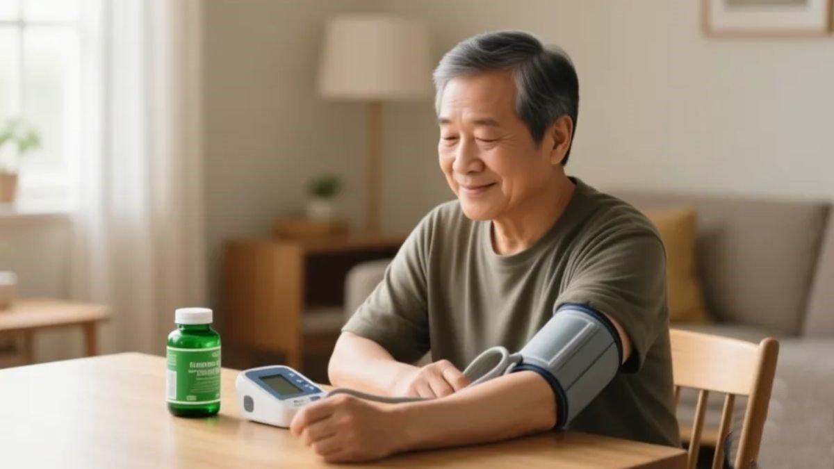 Pessoa adulta medindo a pressão arterial com monitor digital e frasco de magnésio quelato ao lado representando o controle da pressão alta com suplementação