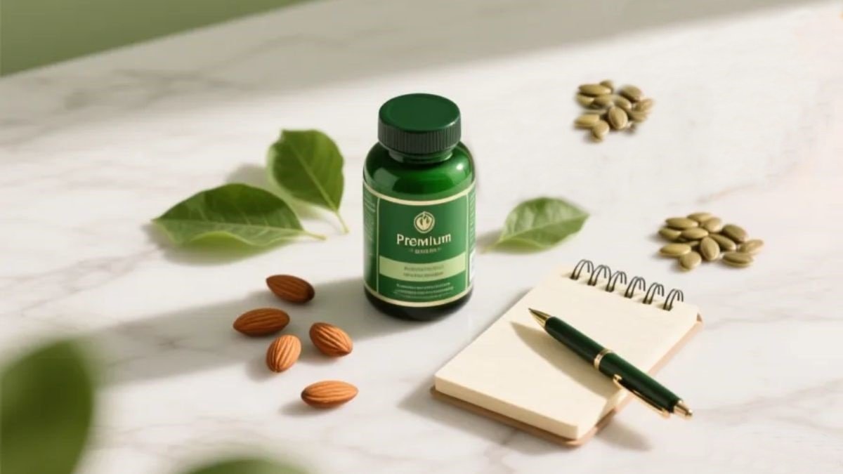 Frasco premium de magnésio quelato sobre mármore branco com folhas verdes, amêndoas e bloco de notas representando análise e avaliação do suplemento