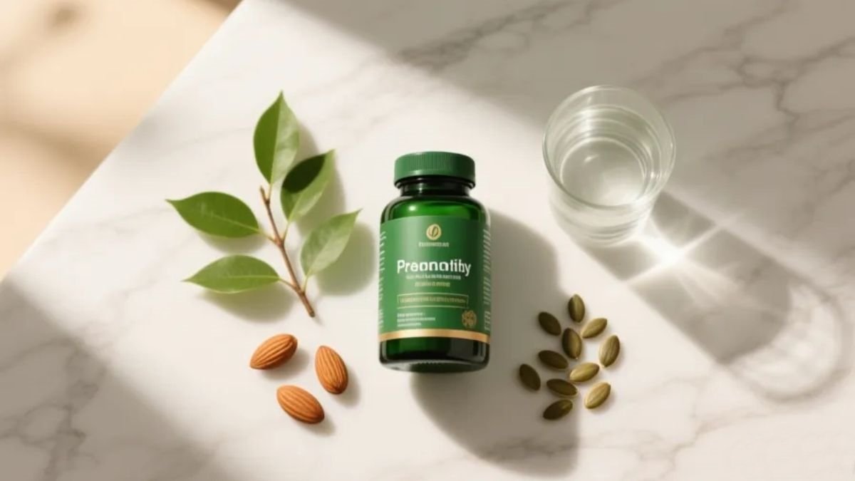 Frasco premium de magnésio quelato sobre superfície de mármore branco rodeado de elementos naturais como folhas verdes, amêndoas e sementes de abóbora