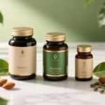 Três frascos premium de suplementos de magnésio quelato sobre mármore branco com folhas verdes amêndoas e sementes representando os melhores suplementos de magnésio quelato de 2026