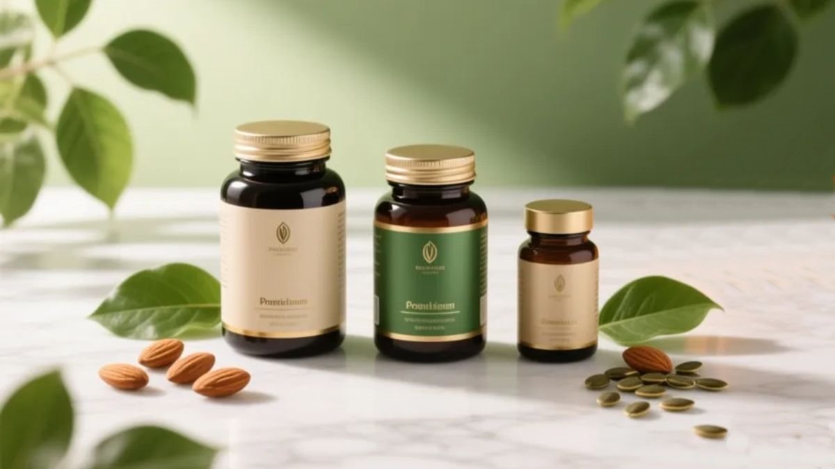 Três frascos premium de suplementos de magnésio quelato sobre mármore branco com folhas verdes amêndoas e sementes representando os melhores suplementos de magnésio quelato de 2026