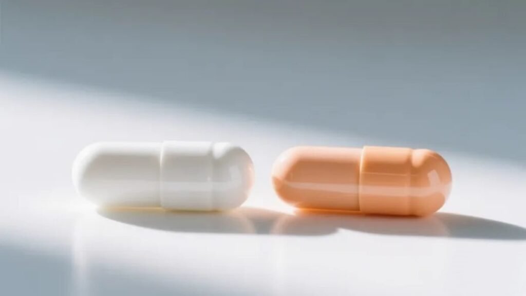 Cápsulas de dois tipos diferentes de magnésio lado a lado sobre superfície branca representando as diferenças de absorção entre magnésio quelato e citrato