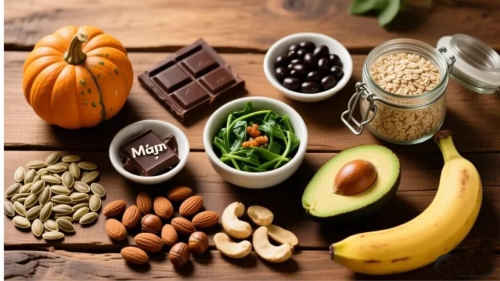Variedade de alimentos ricos em magnésio sobre superfície de madeira rústica, incluindo sementes de abóbora, amêndoas, castanhas, chocolate amargo, espinafre, feijão preto, aveia, abacate e banana
