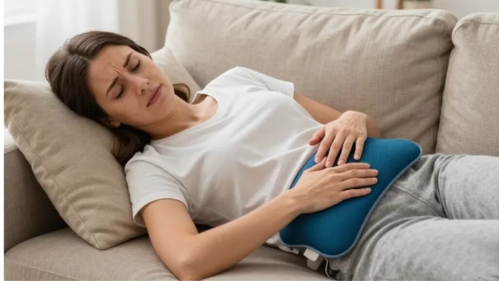 Mulher jovem deitada no sofá com as mãos no abdômen inferior com expressão de desconforto representando cólicas menstruais e TPM com deficiência de magnésio