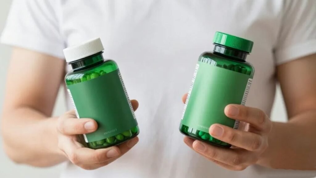 Mãos segurando dois frascos de suplementos de magnésio diferentes representando a decisão entre magnésio quelato e magnésio citrato