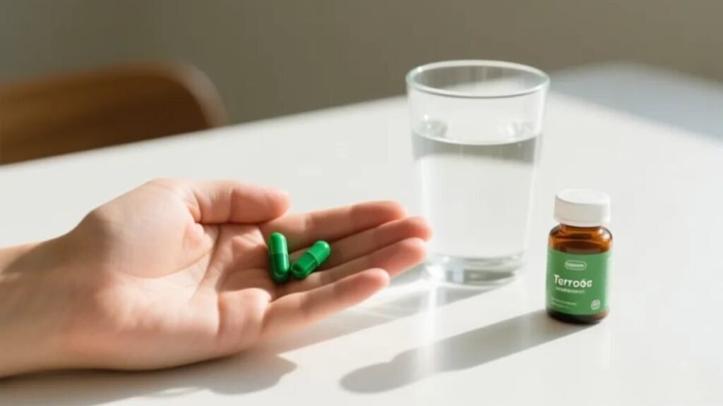 Mão segurando cápsulas de magnésio quelato ao lado de um copo de água e frasco de suplemento sobre mesa branca, ilustrando como tomar magnésio quelato corretamente