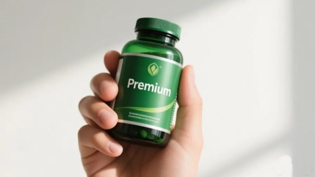 Mão segurando com confiança frasco de magnésio quelato representando a decisão de compra do suplemento Joie Suplementos