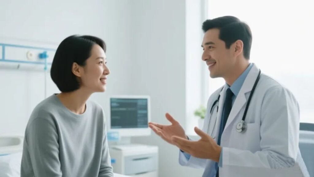 Médico conversando com paciente em consultório claro e profissional representando a importância da consulta médica antes de iniciar suplementação com magnésio quelato