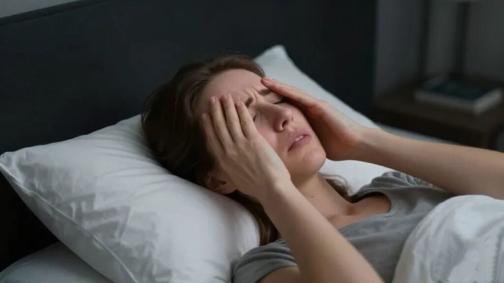 Pessoa adulta deitada na cama em quarto escuro com travesseiro sobre o rosto representando crise de enxaqueca com sensibilidade à luz e deficiência de magnésio