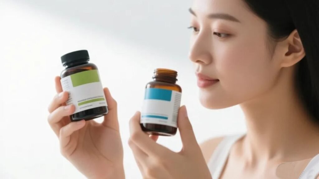 Mãos segurando e comparando dois frascos de suplementos de magnésio representando a decisão entre magnésio quelato e magnésio dimalato