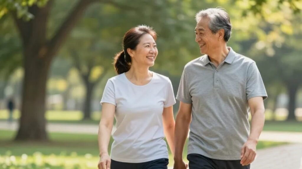 Casal adulto de meia-idade caminhando sorridente em parque verde representando estilo de vida saudável e controle da pressão alta com magnésio quelato