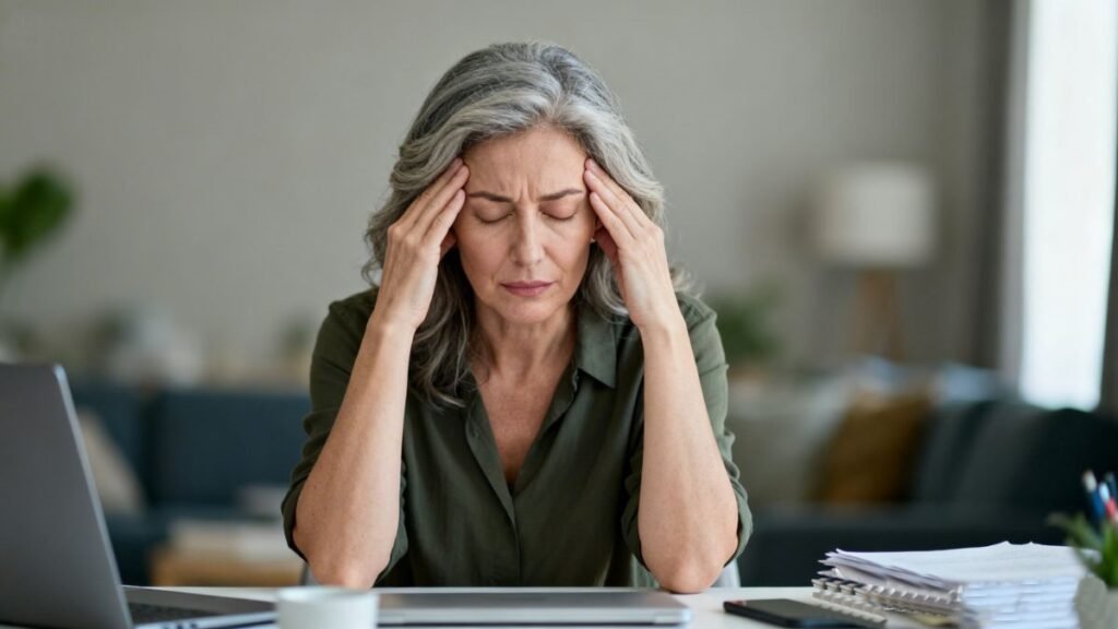 Pessoa adulta com as mãos nas têmporas e expressão de cansaço mental representando estresse e possível deficiência de magnésio
