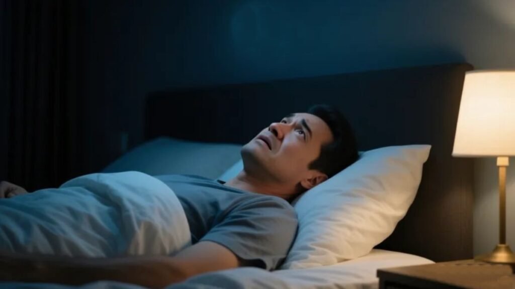 Pessoa adulta deitada na cama acordada à noite com expressão de insônia e agitação, representando dificuldade de dormir associada à deficiência de magnésio