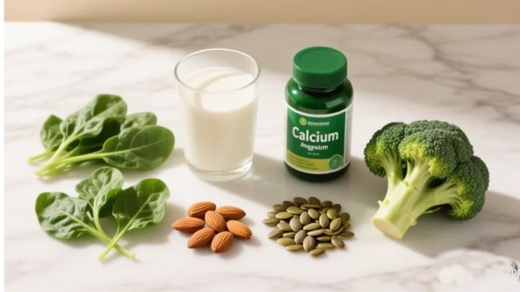 Alimentos ricos em cálcio e magnésio sobre mármore branco incluindo leite amêndoas sementes de abóbora espinafre brócolis e frasco de magnésio quelato