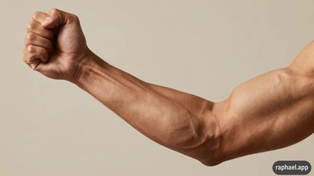 Close-up de antebraço musculoso levemente contraído com veias visíveis, representando contração muscular e o papel do magnésio quelato na saúde muscular