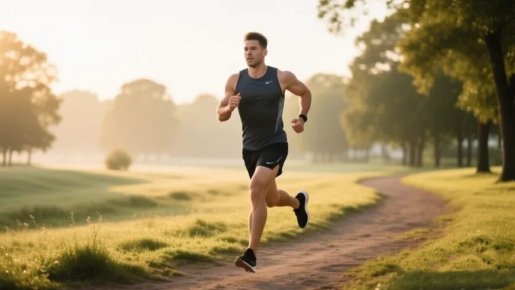 Pessoa atlética correndo ao ar livre com expressão de energia e determinação representando melhora da performance esportiva com magnésio quelato