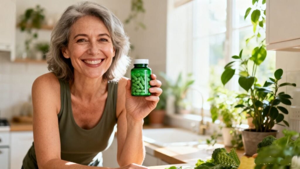 Mulher sorrindo segurando frasco de magnésio quelato em cozinha iluminada com plantas ao fundo, representando bem-estar emocional e rotina saudável