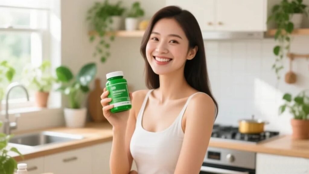 Mulher jovem sorrindo e segurando frasco de magnésio quelato em cozinha iluminada com plantas, representando bem-estar feminino e rotina de suplementação para TPM