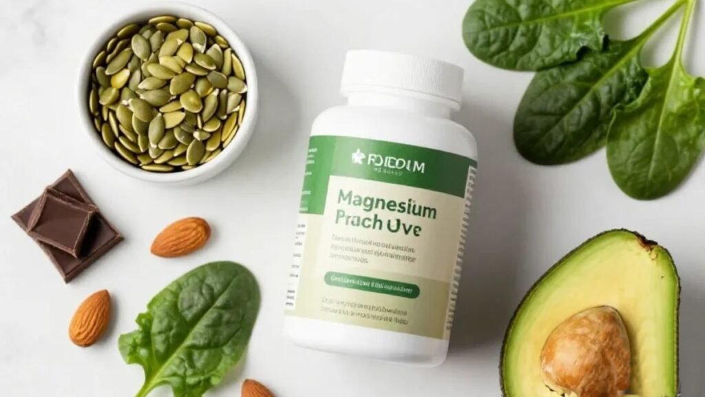 Seis frascos de suplementos de magnésio com diferentes tipos de cápsulas sobre superfície branca, representando a comparação entre as formas de magnésio disponíveis no mercado