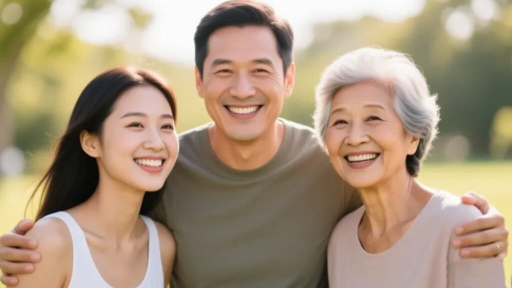 Grupo diverso de três adultos sorrindo ao ar livre representando os diferentes perfis de pessoas que podem se beneficiar do magnésio quelato