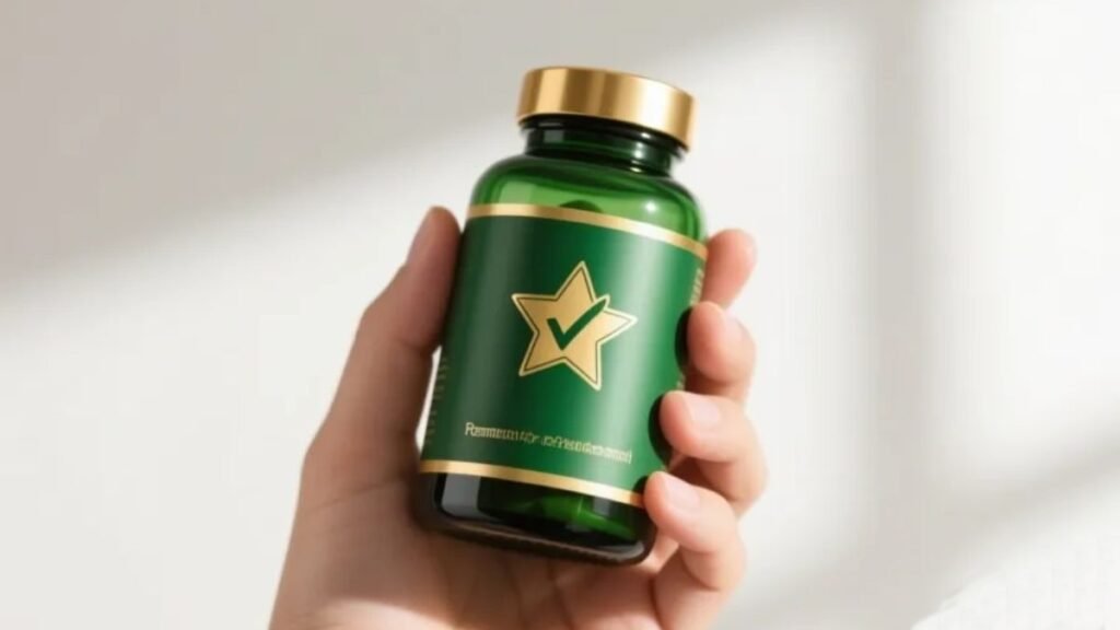 Mão segurando com confiança frasco verde premium de magnésio quelato representando a recomendação principal do melhor suplemento de magnésio quelato