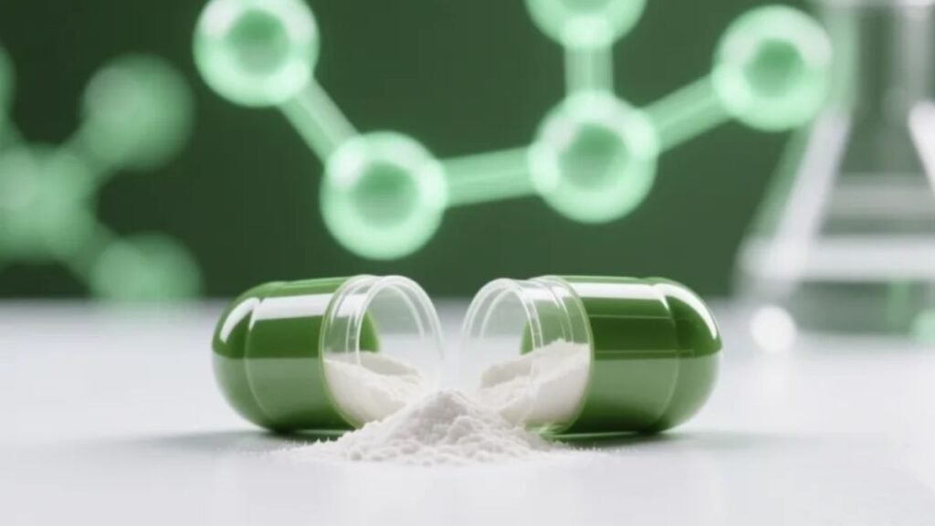Cápsula de suplemento de magnésio quelato aberta com pó branco sobre superfície branca e fundo científico desfocado com estrutura molecular