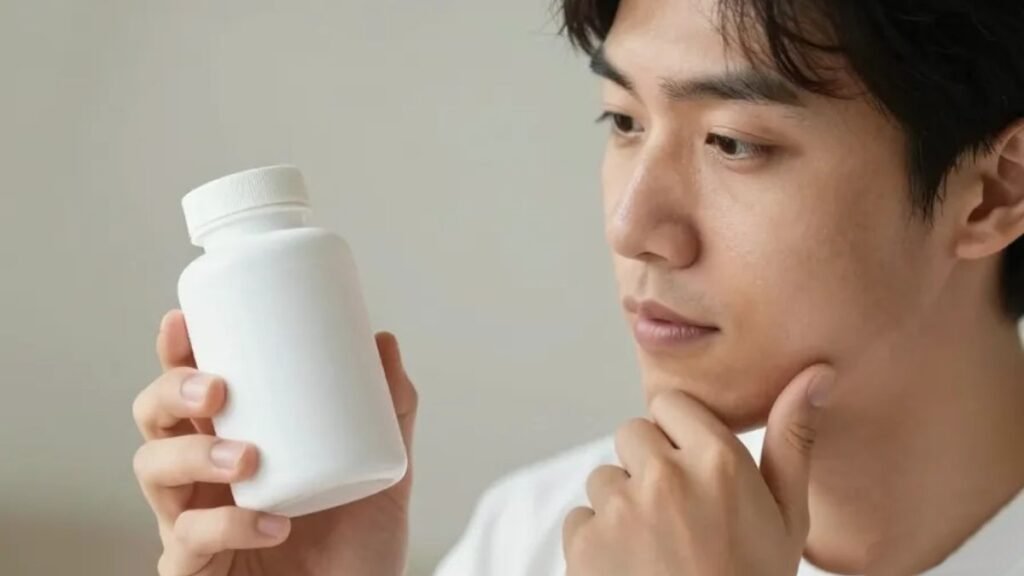 Pessoa examinando com atenção frasco de suplemento de magnésio representando os cuidados e o que evitar na hora de escolher magnésio quelato