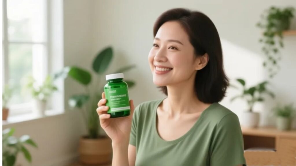 Mulher adulta sorrindo e segurando frasco de magnésio quelato em ambiente iluminado com plantas ao fundo, representando prevenção de enxaqueca com suplementação diária
