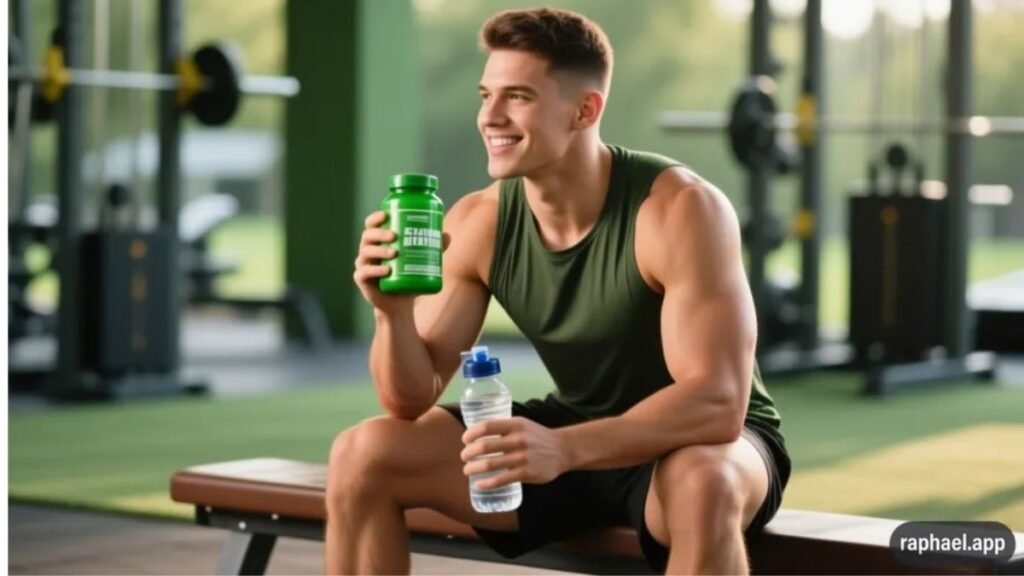 Pessoa atlética relaxada após treino segurando frasco de magnésio quelato e garrafa de água, representando recuperação muscular e suplementação pós-exercício