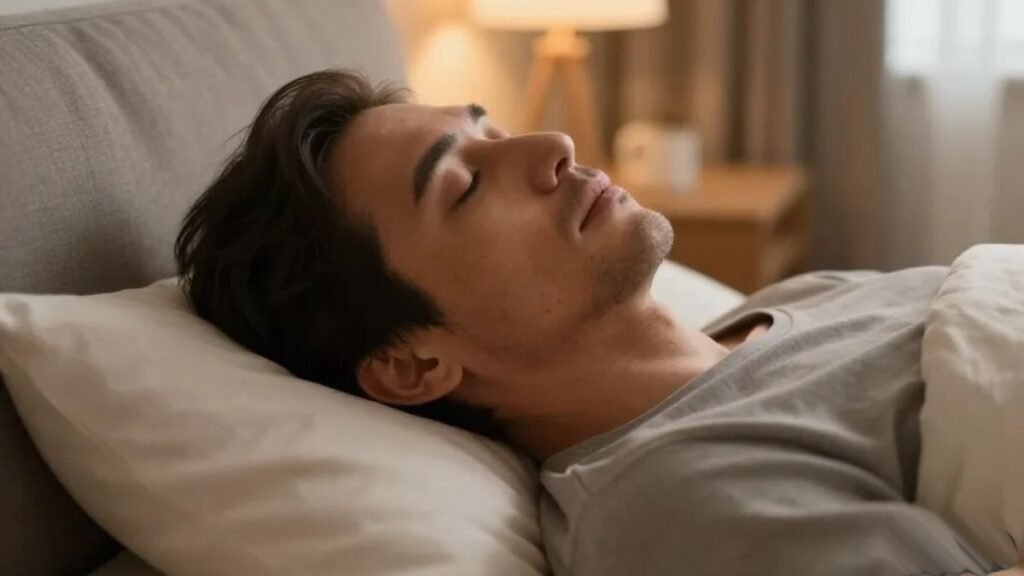 Pessoa adulta relaxada com olhos fechados em ambiente aconchegante representando o efeito calmante e melhora do sono com magnésio quelato bisglicinato