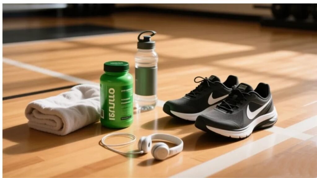 Itens esportivos organizados incluindo frasco de magnésio quelato garrafa de água toalha tênis e fones representando a rotina de suplementação de atletas