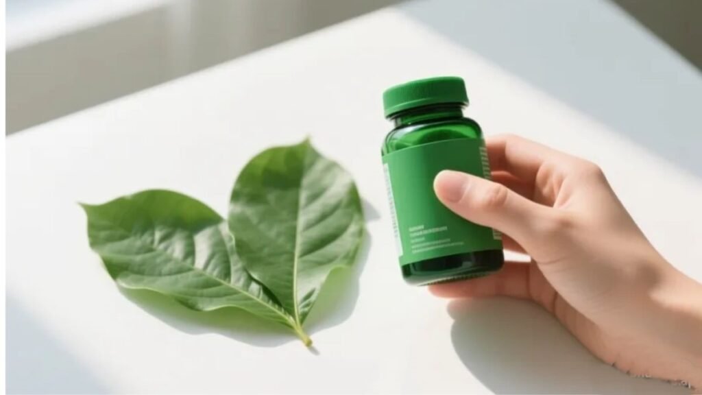 Mão segurando frasco de magnésio quelato próximo a coração feito de folhas verdes representando os benefícios do suplemento para a saúde cardiovascular