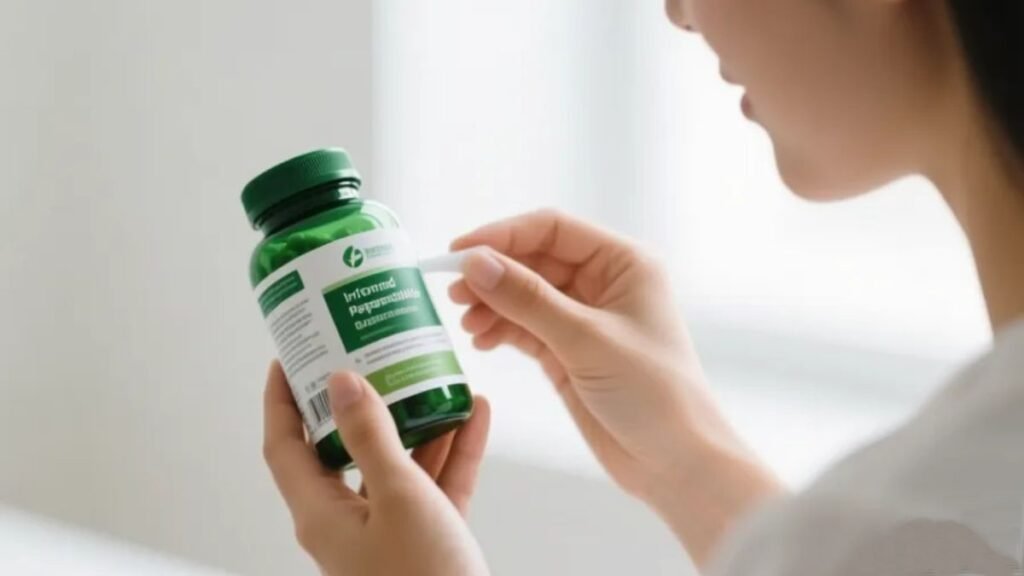 Mãos lendo atentamente o rótulo de frasco de magnésio quelato representando uso responsável e consciente do suplemento