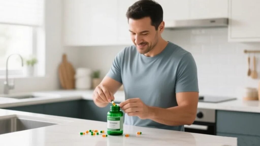 Pessoa adulta medindo cápsulas de magnésio quelato com atenção em bancada de cozinha iluminada representando uso seguro e responsável do suplemento