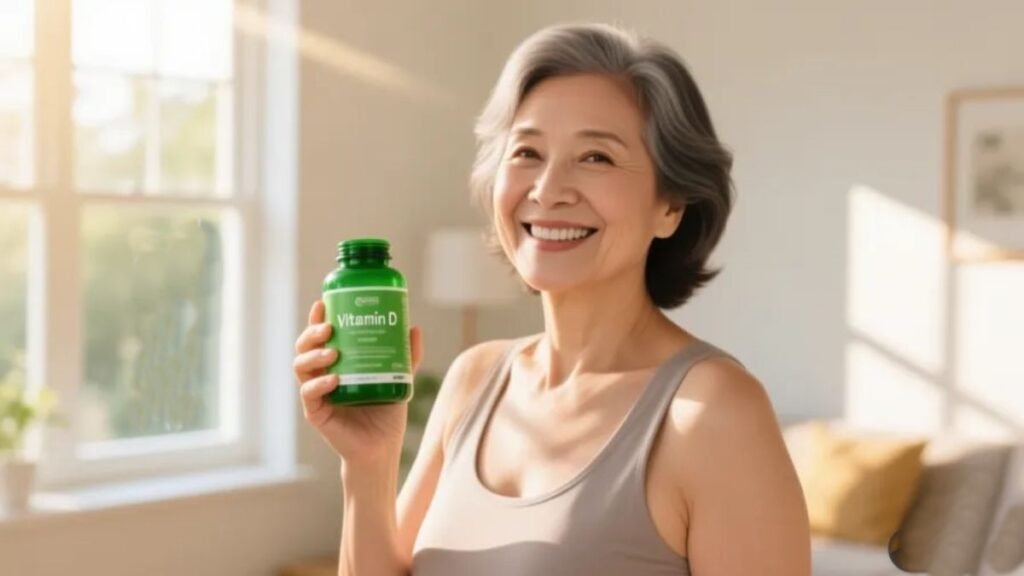 Mulher adulta de meia-idade sorrindo com frasco de magnésio quelato em ambiente ensolarado representando saúde óssea suplementação e vitamina D