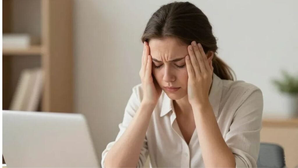 Mulher jovem sentada com as mãos no rosto e expressão de desconforto emocional representando irritabilidade e sintomas emocionais da TPM