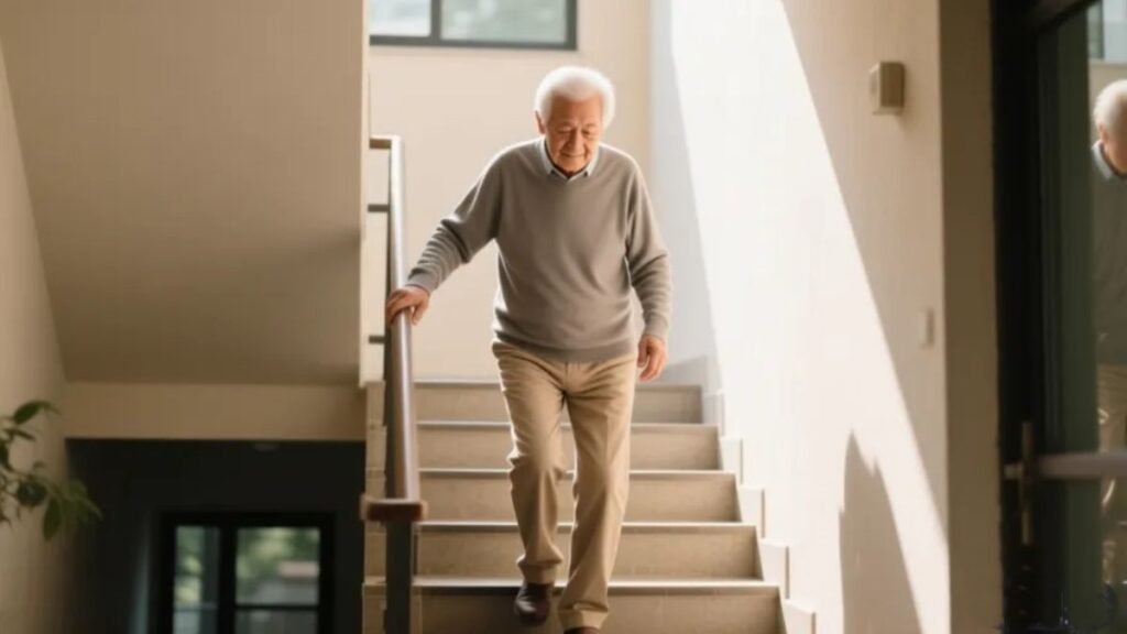 Pessoa idosa descendo escadas com cuidado e boa postura representando prevenção de quedas e osteoporose com saúde óssea e magnésio quelato