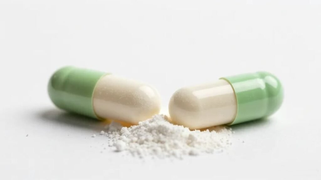 Duas cápsulas de magnésio quelato abertas com pó branco sobre superfície branca representando o processo de quelação e a composição do suplemento