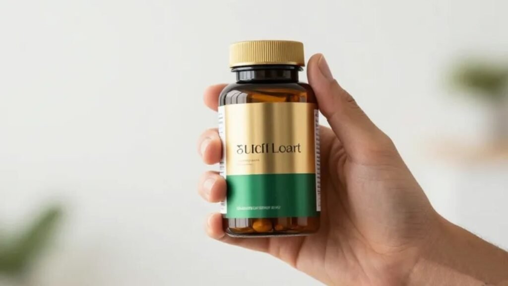 Mão segurando com confiança frasco premium do PROMEGA da Joie Suplementos representando a recomendação e decisão de compra do suplemento de ômega-3 e própolis