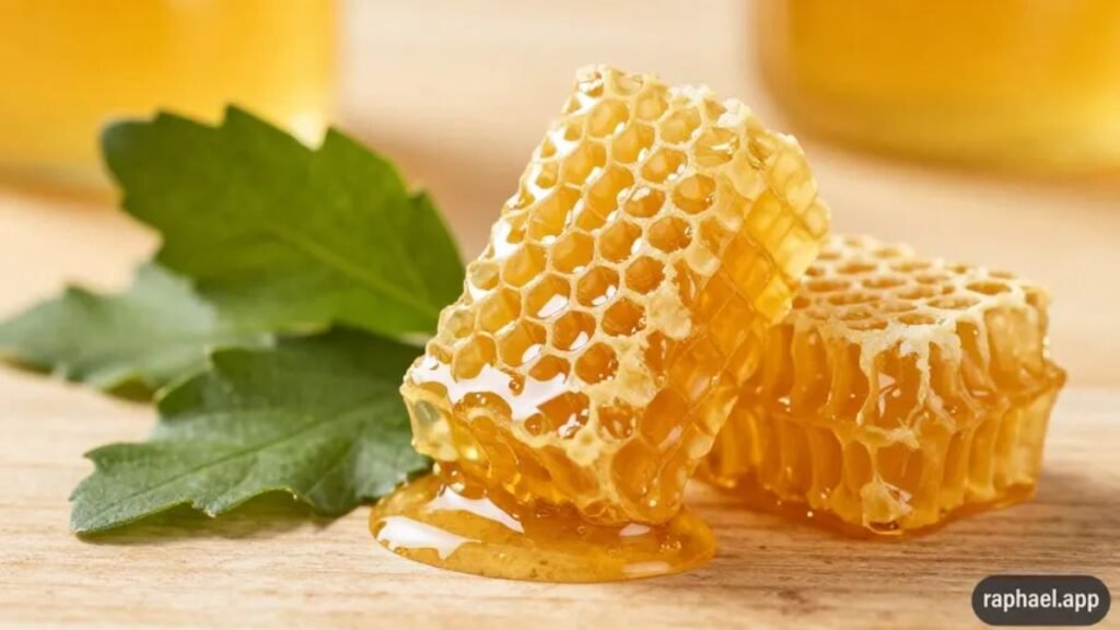 Própolis natural dourada sobre superfície de madeira ao lado de favo de mel e folhas verdes representando os benefícios da própolis para imunidade e proteção