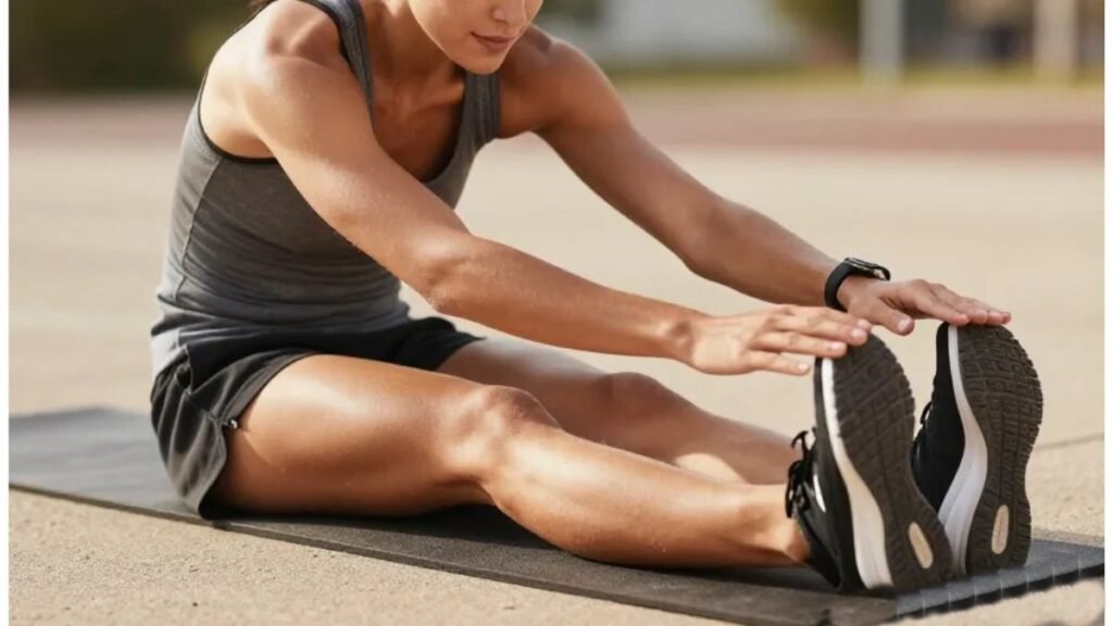 Pessoa atlética se alongando após treino com expressão de relaxamento representando recuperação muscular acelerada com suplementação de magnésio quelato
